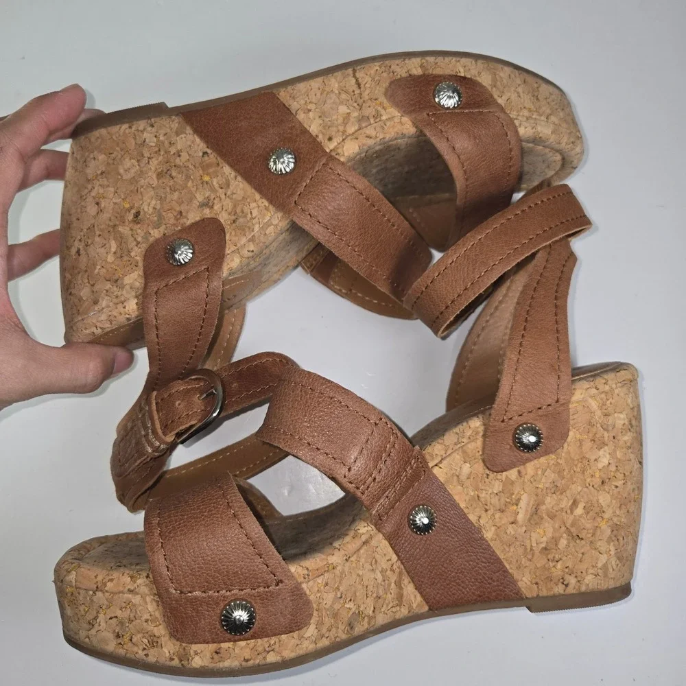 Lucky Brand Valintina Cork Wedge Sandals Brown Leather Ankle Strap Women's 8.5‎